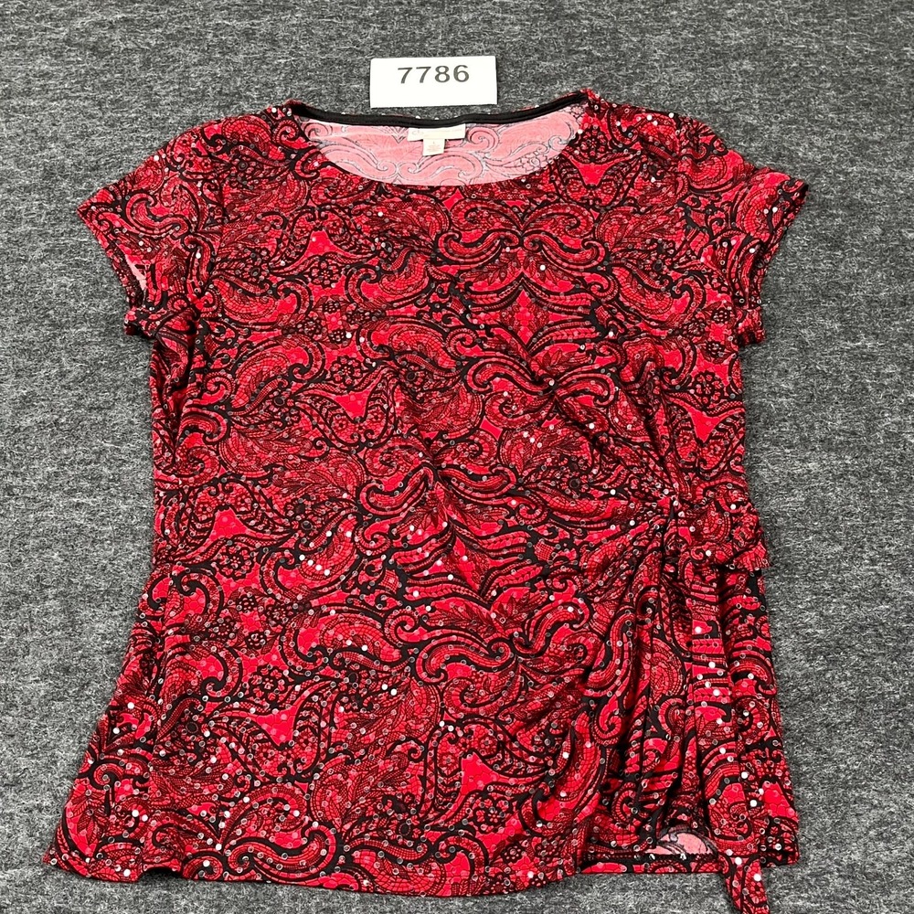 Cb Established 1962 Blouse Top Womens Large Red Paisley Sequin Knotted Front